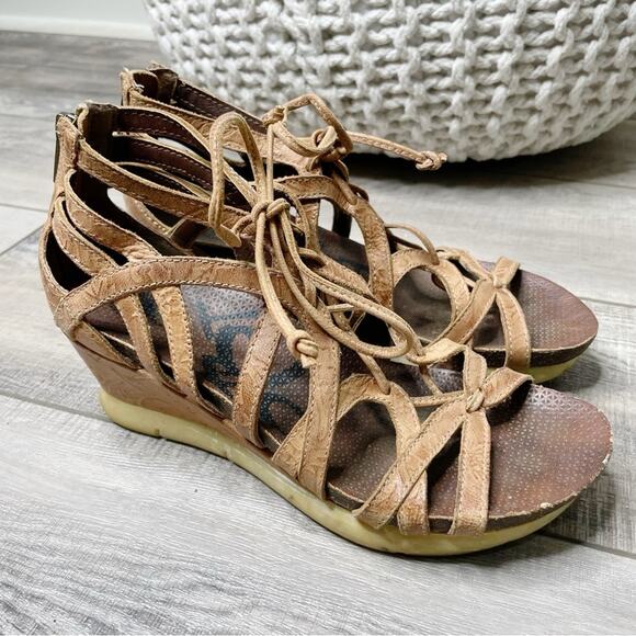 OTBT Nomadic Leather Lace Up Gladiator Open Toe Wedge Sandals Hickory Size 6.5 - Picture 1 of 6